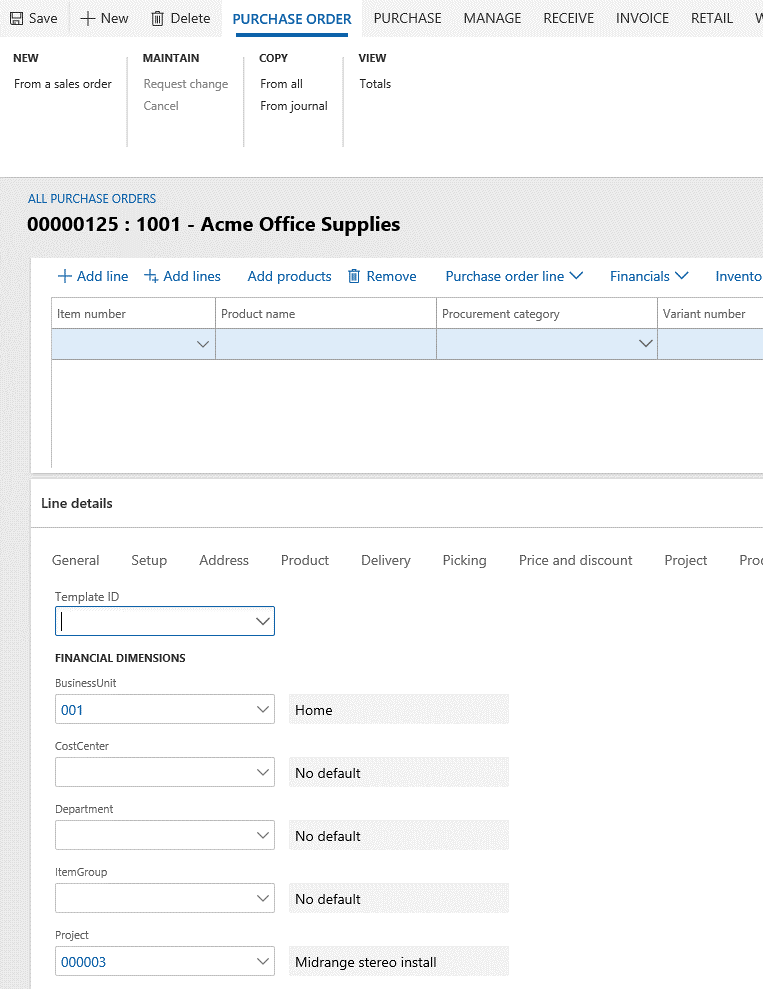 Default dimensions copied to a document line (purchase order line) Default dimensions copied to a document line (purchase order line).