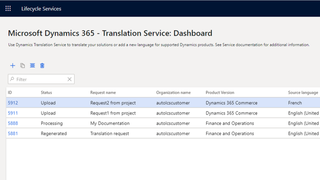 Screenshot of DTS dashboard that is opened from the Lifecycle Services home page.