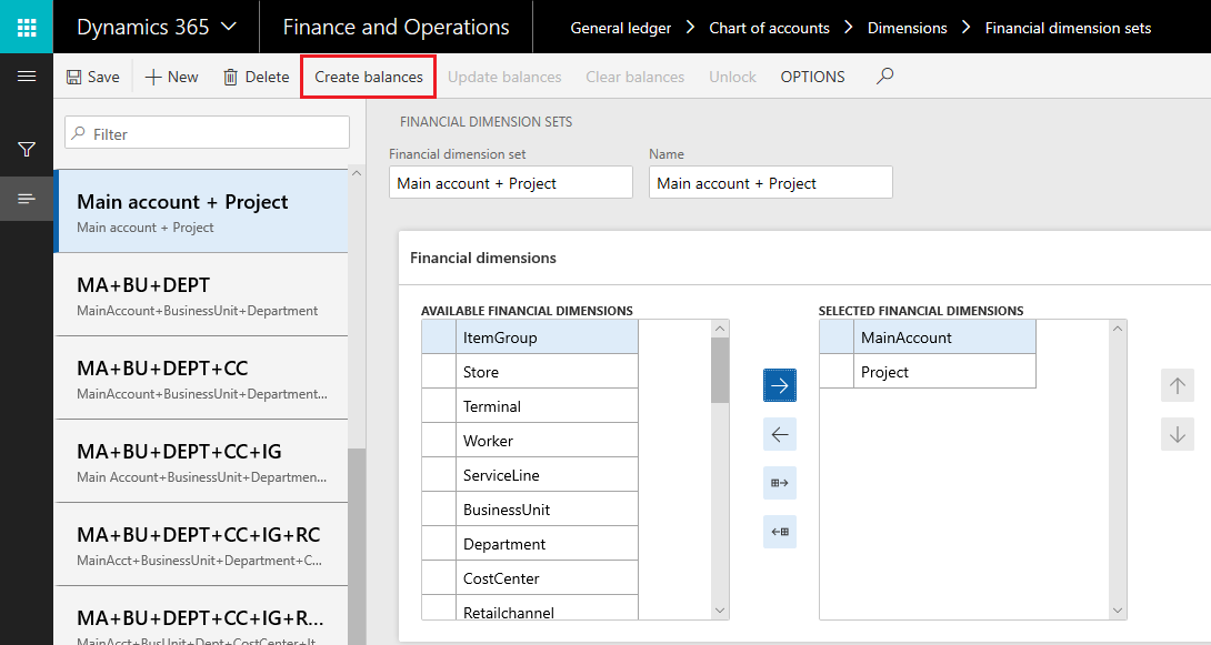 Screenshot of the Create balances action for a financial dimension set.