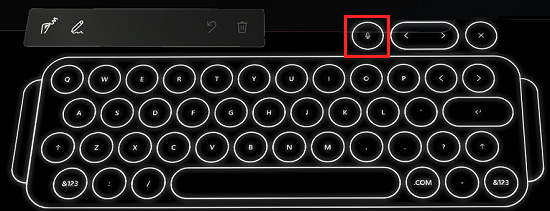 Screenshot showing holographic keyboard with Microphone button highlighted for the dictation option Screenshot showing holographic keyboard with Microphone button highlighted for the dictation option.