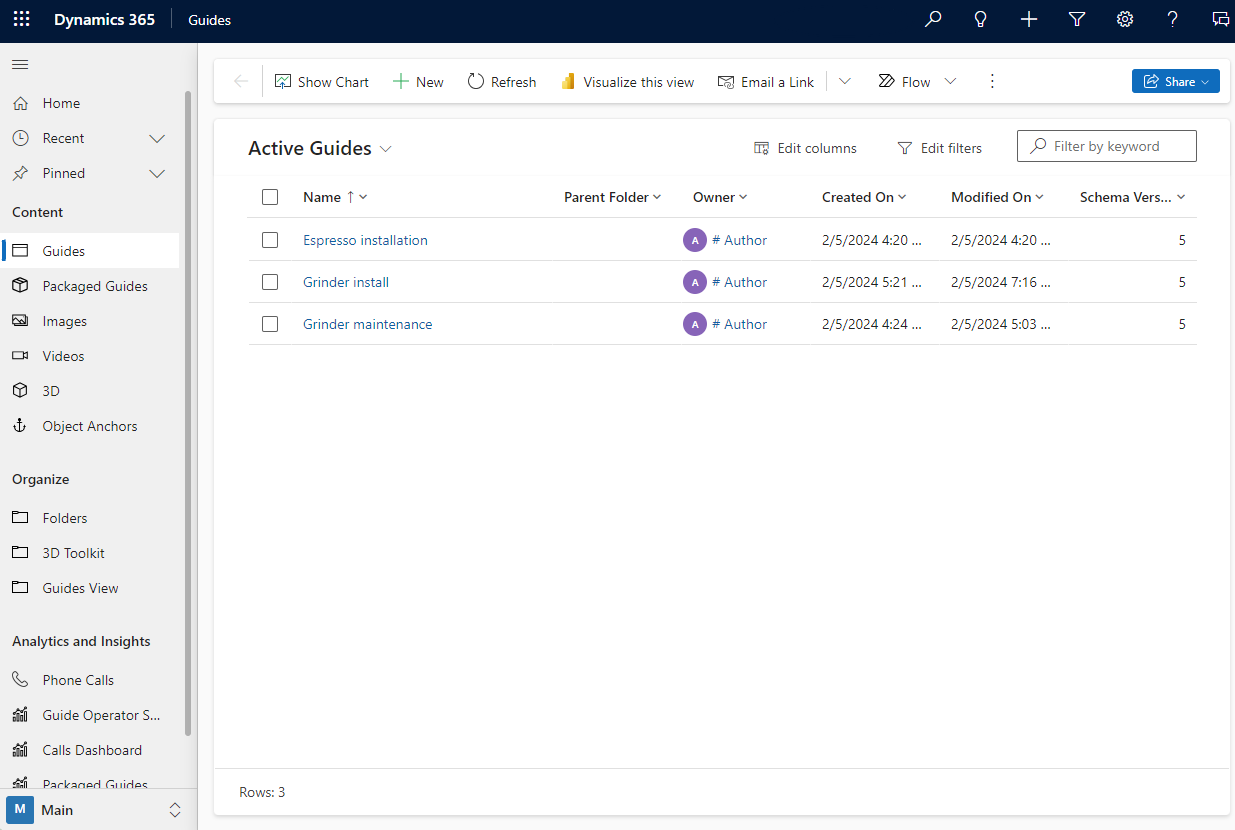 Screen shot of Power Apps screen showing Guides model-driven app Screen shot of Power Apps screen showing Guides model-driven app.