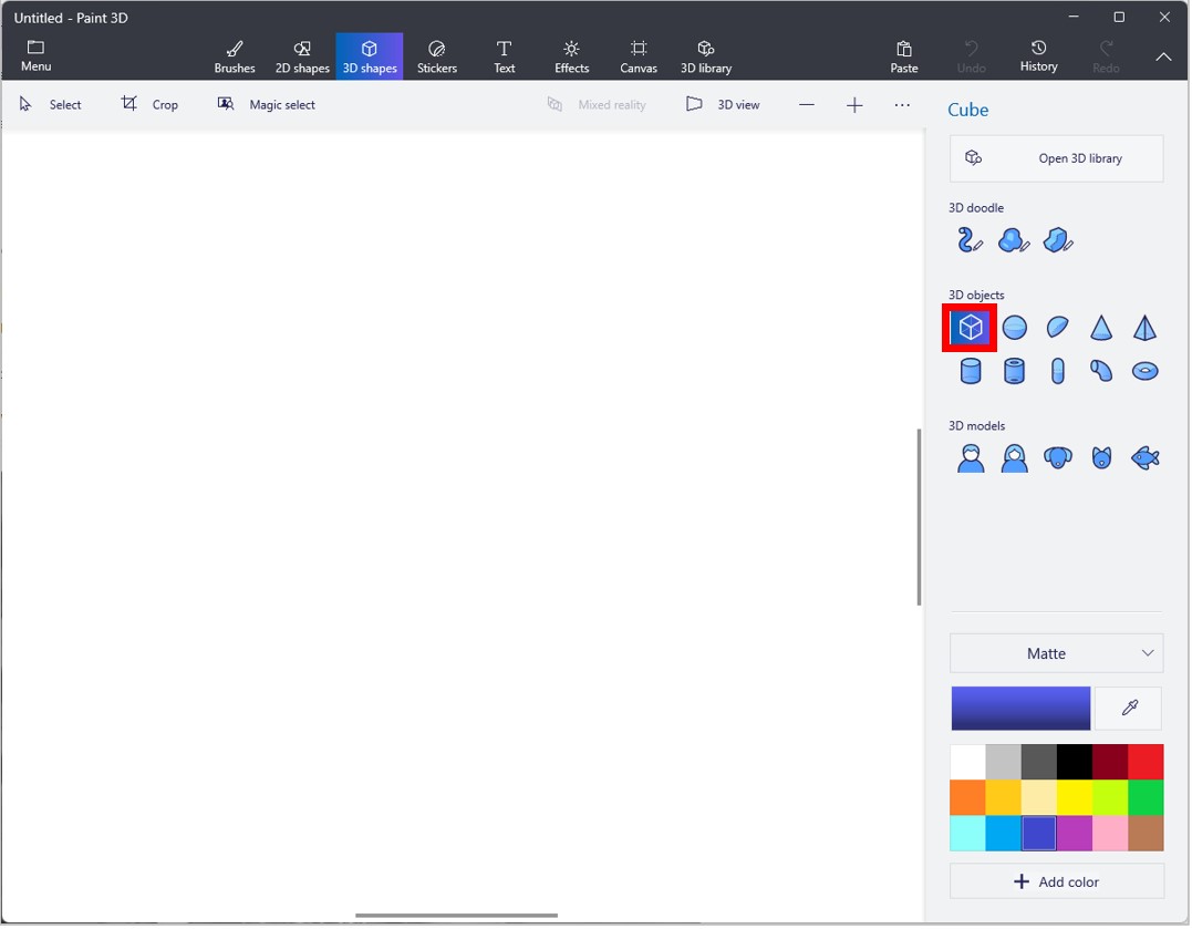 Screenshot of Paint 3D with cube shape highlighted Screenshot of Paint 3D with cube shape highlighted.
