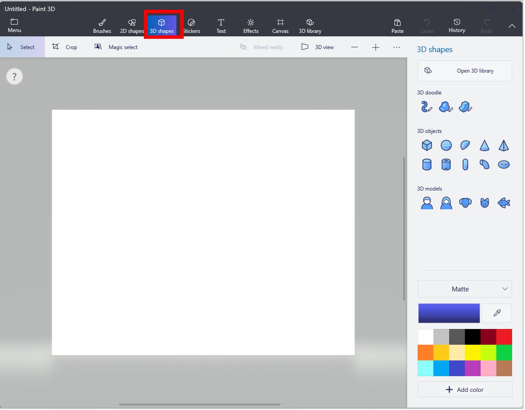 Screenshot of Paint 3D with 3D shapes command highlighted Screenshot of Paint 3D with 3D shapes command highlighted.