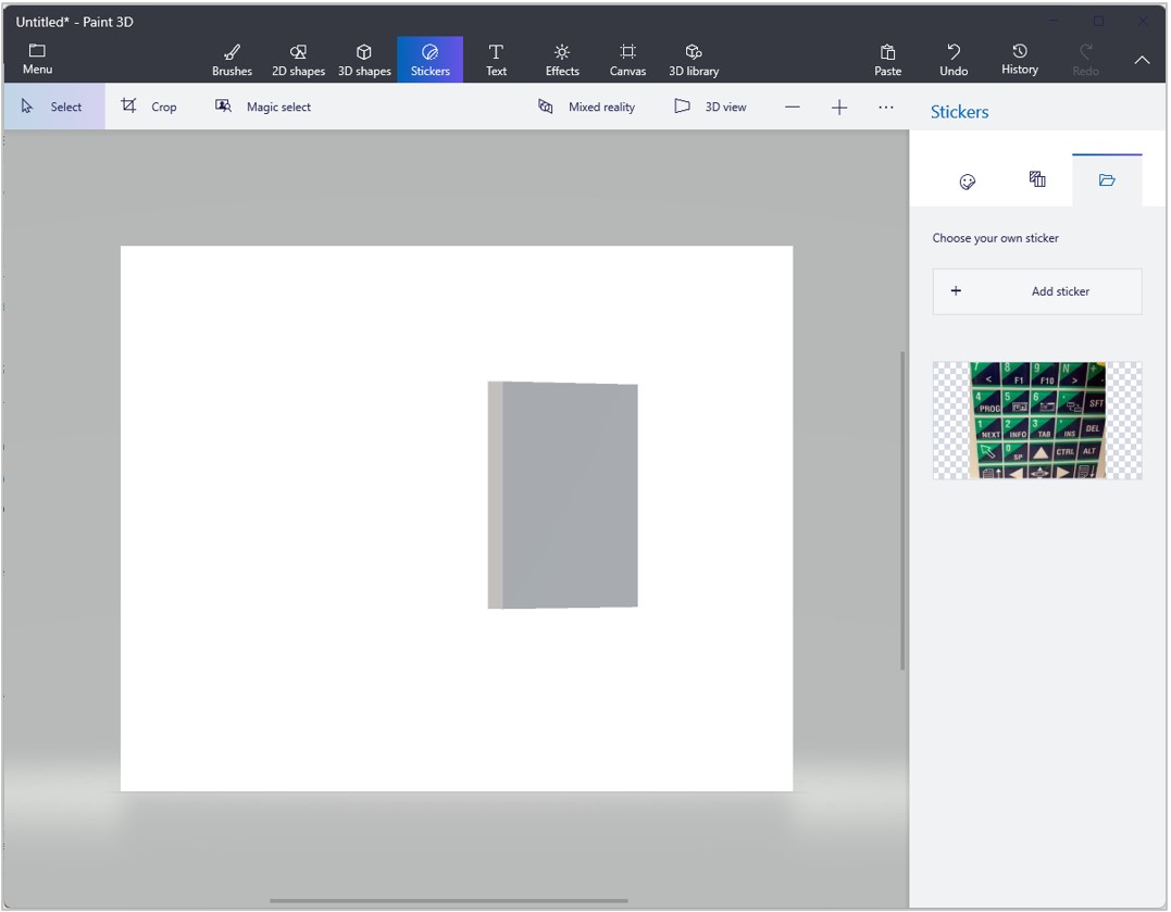 Screenshot of Paint 3D with Stickers command highlighted Screenshot of Paint 3D with Stickers command highlighted.