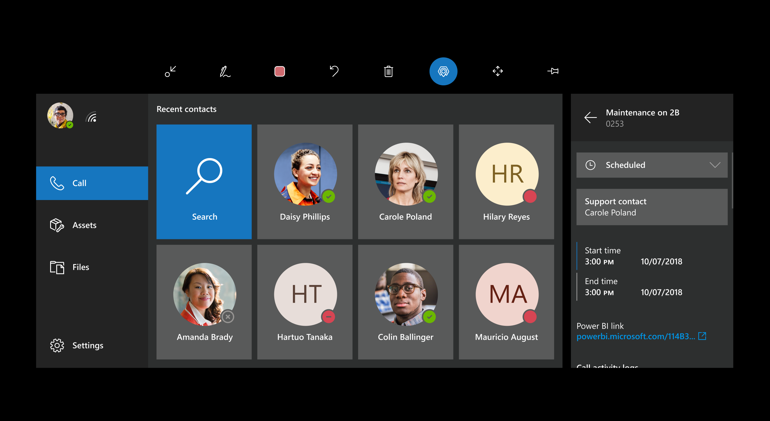 FS Screenshot of the HoloLens field of view, showing recent contacts and a booking detail pane.