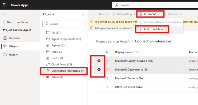 Screenshot that highlights the user interface elements used to add connections to the Project Service Agent solution as described in the preceding steps.