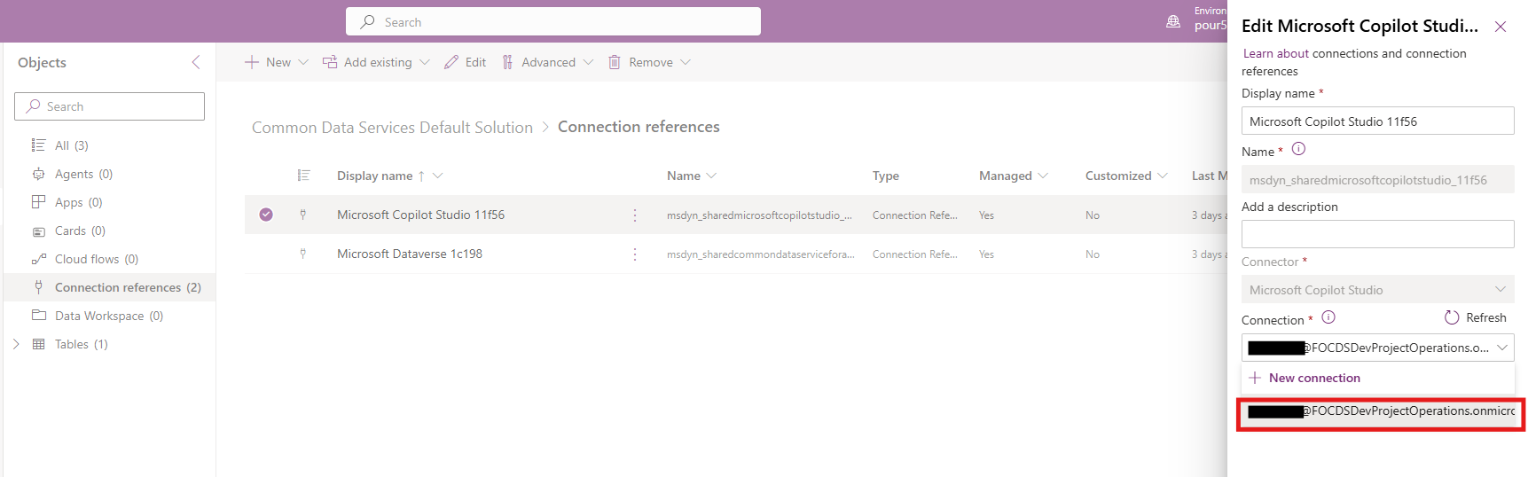 Screenshot that shows a user selected under Connection in the dialog.