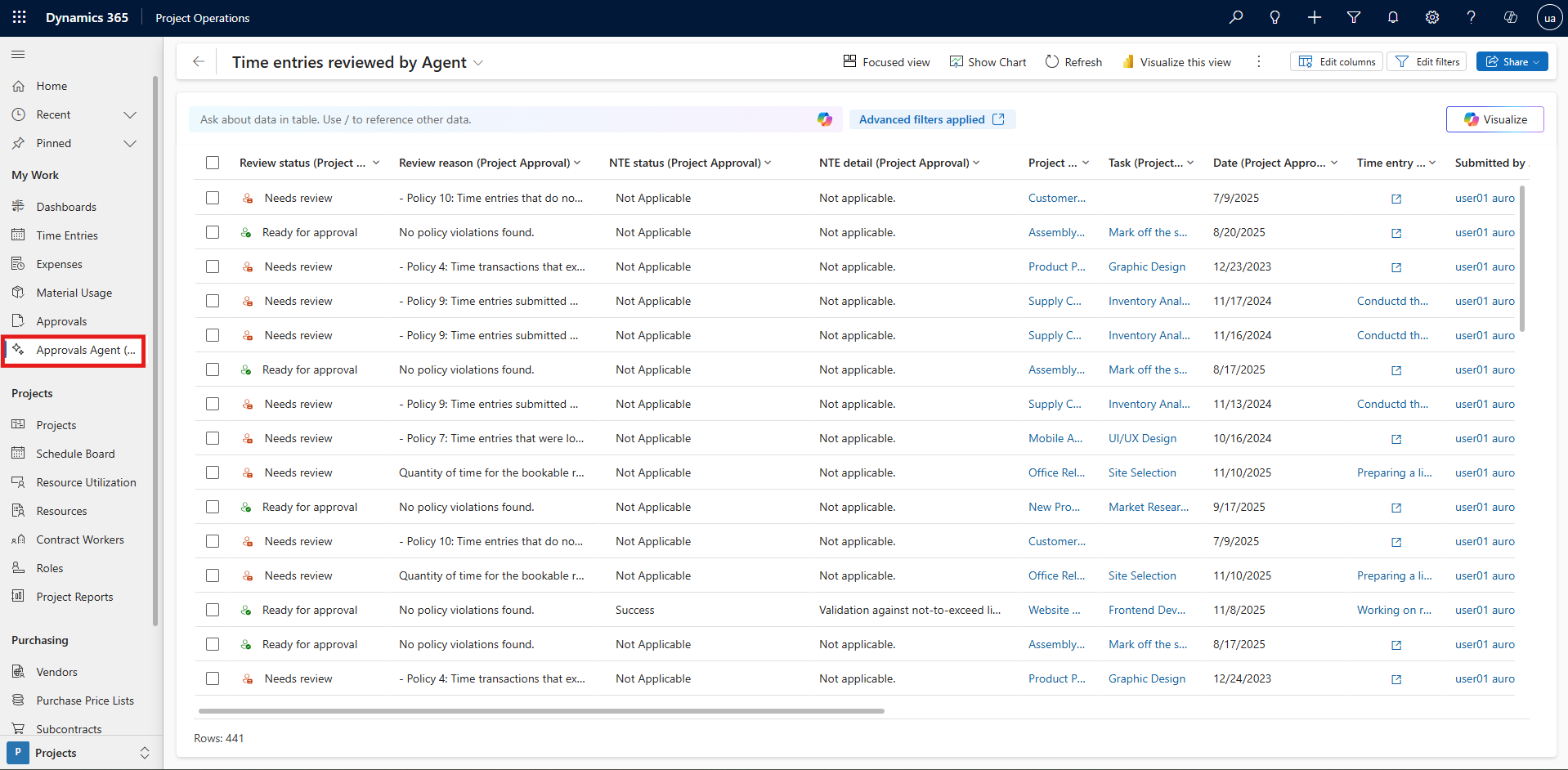 Screenshot that shows the list of records that the agent classified on the Time entries reviewed by Agent page. It also highlights Approvals Agent in the left pane.