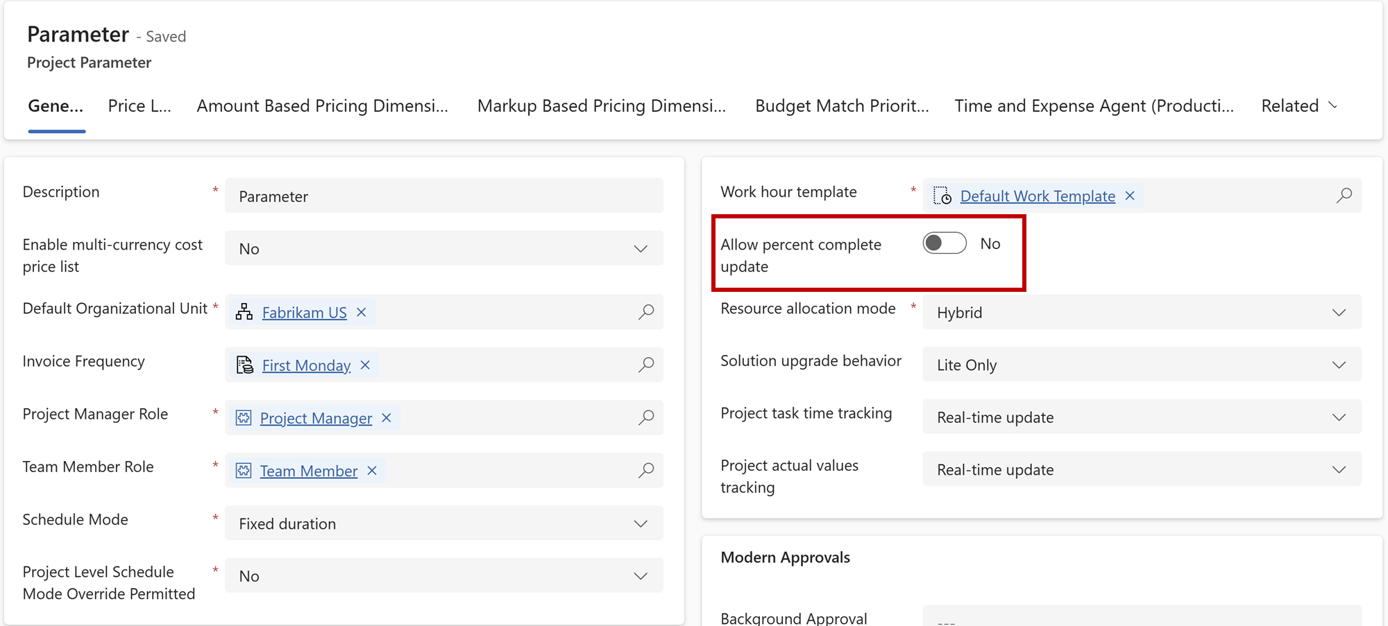 Screenshot that highlights the location of the Allow percent complete update option on the Project Parameter page.
