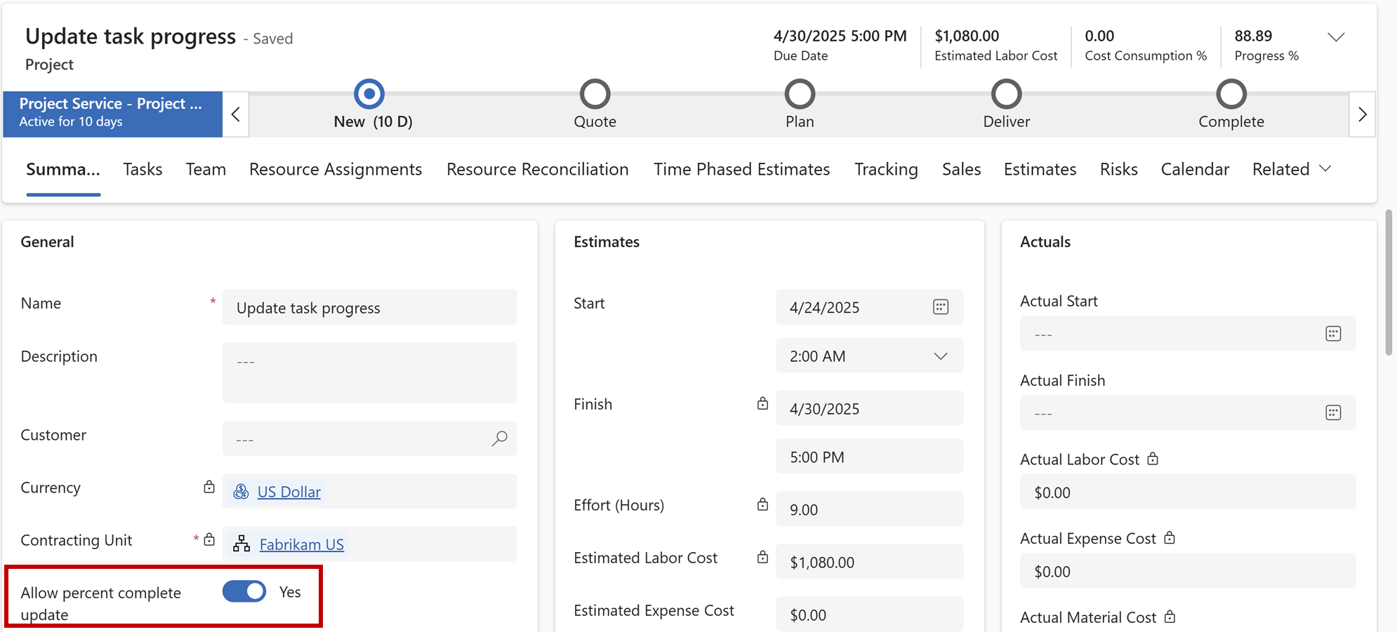 Screenshot that shows highlights the location of the Allow percent complete update option on the Summary tab of the project page.