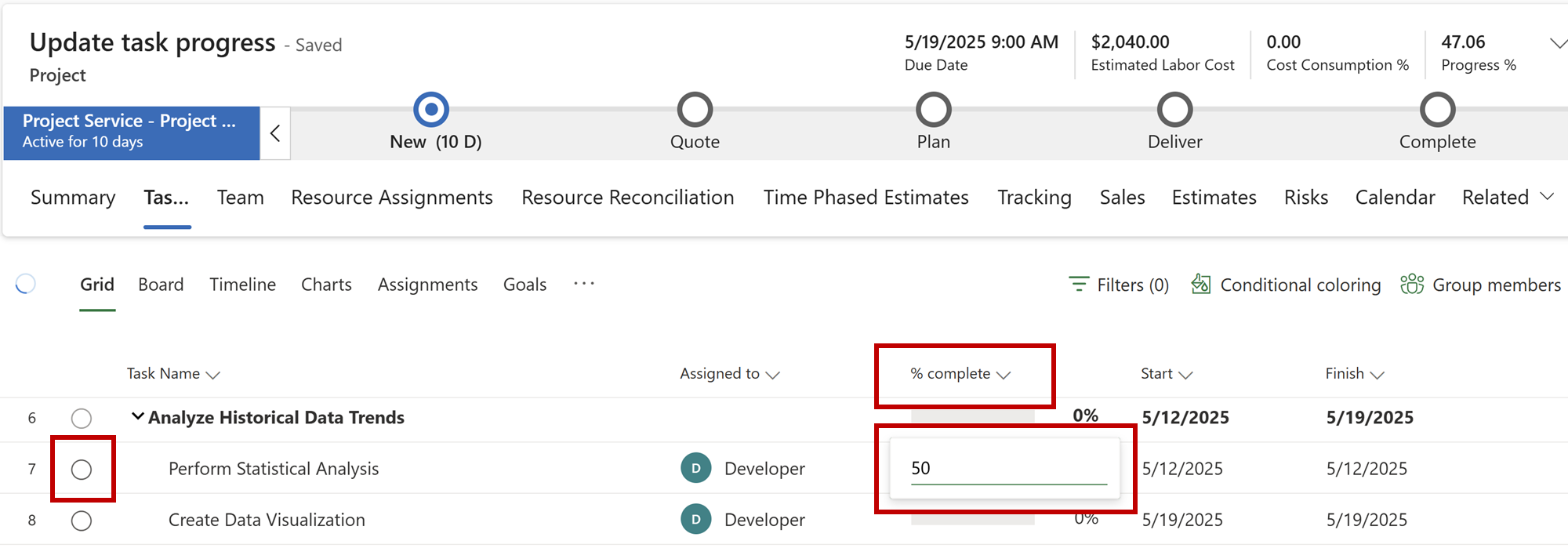 Screenshot that highlights the location of the % complete column in the task grid, where a value is entered. It also highlights the location of the checkbox for marking a task as completed.
