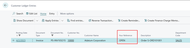 Shows Your reference field in customer ledger entries page. Shows Your reference field in customer ledger entries page.