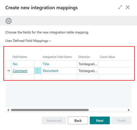 Shows step where new field mappings can be added for new table mapping Shows step where new field mappings can be added for new table mapping