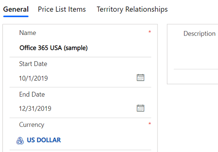 General tab in price list form General tab in price list form.