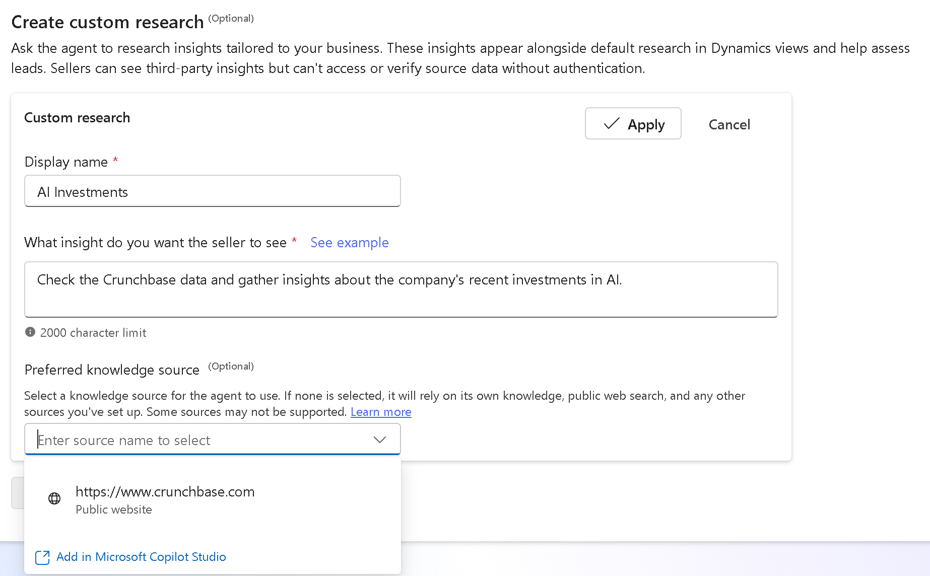Screenshot of adding a custom research insight in Sales Qualification Agent settings.
