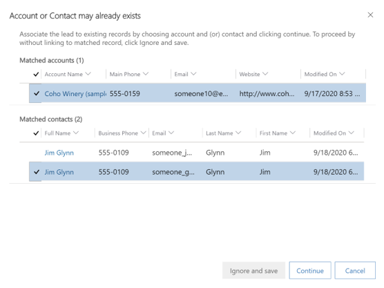 Screenshot of the dialog listing matched accounts and contacts when the improved duplicate detection and merge experience is enabled.
