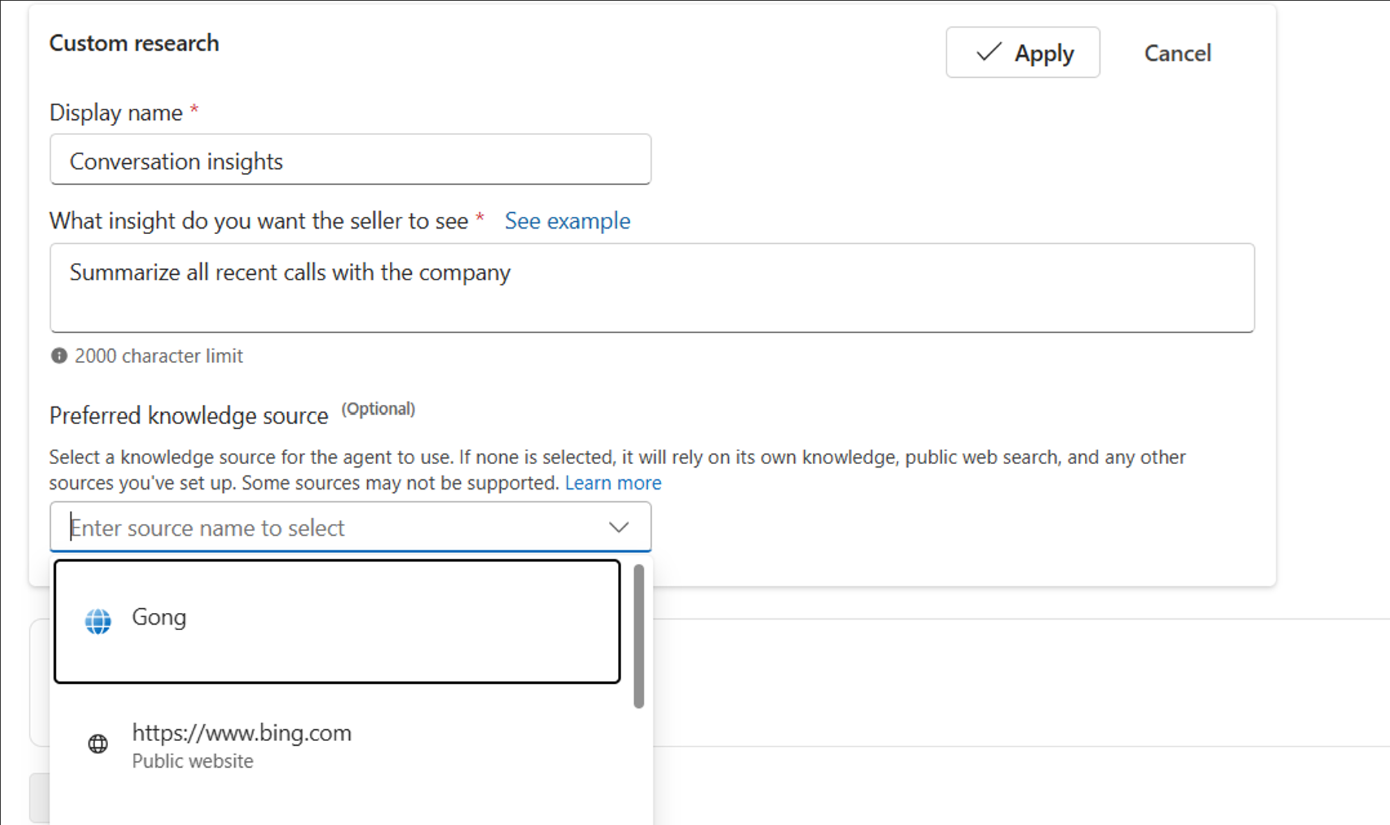 Screenshot of Gong selected as the preferred knowledge source for custom research insight in Sales Qualification Agent settings.