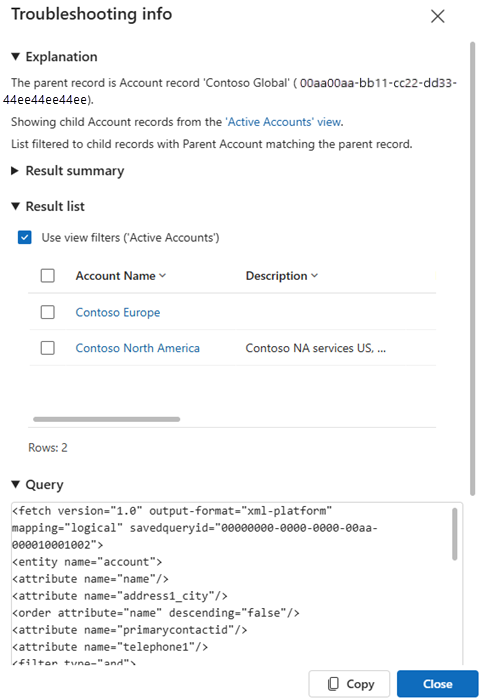 Screenshot of the hierarchy visualization troubleshooting dialog.