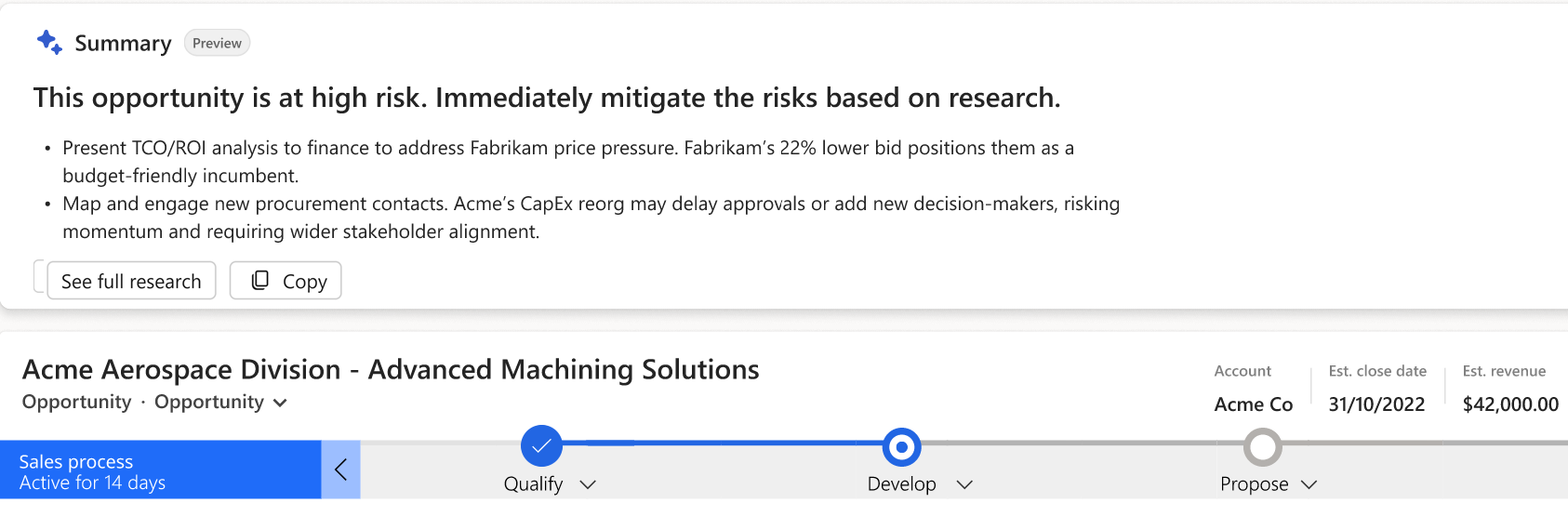 Screenshot of the Opportunity research summary section.