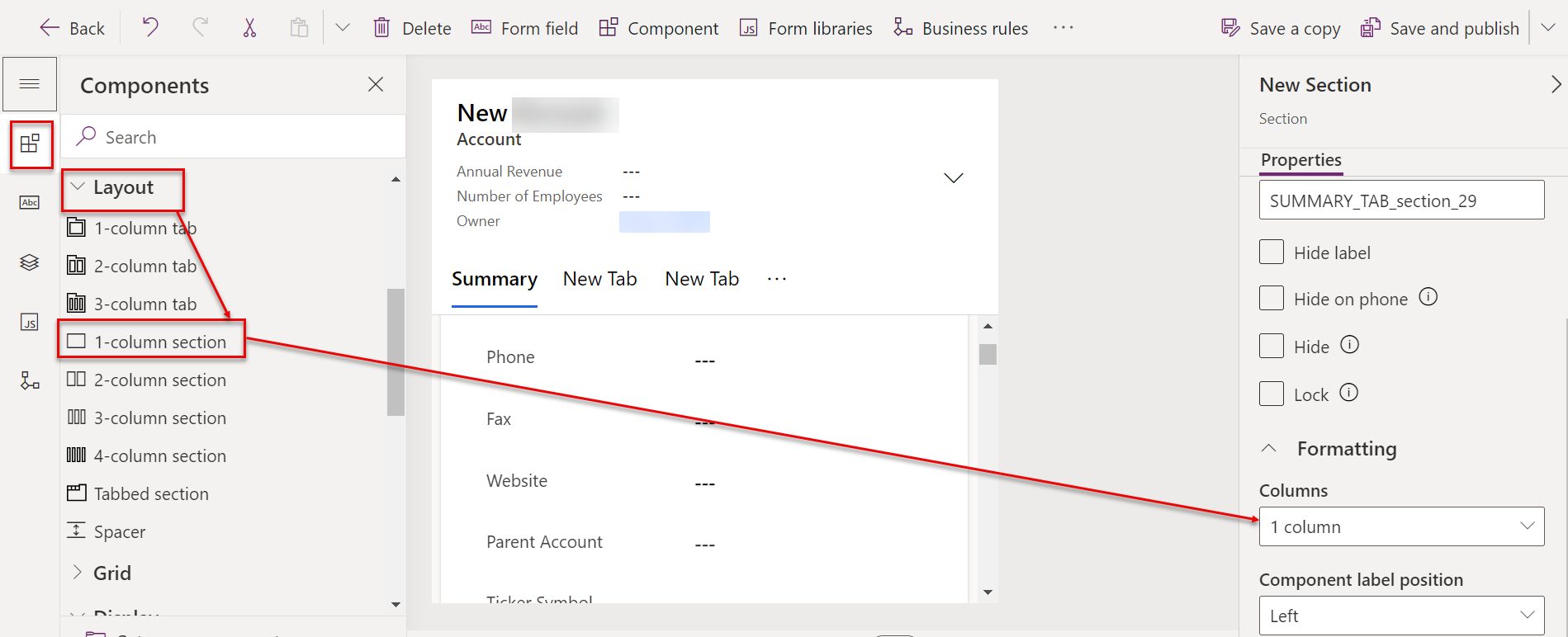 Screenshot of adding a column to the form in the form designer.