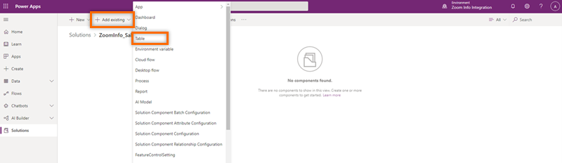 Screenshot of selecting the table option.