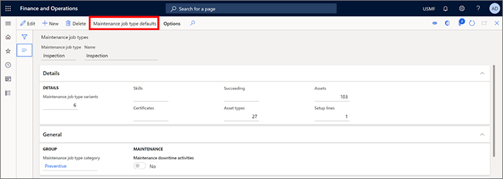Maintenance job type defaults button Maintenance job type defaults button.