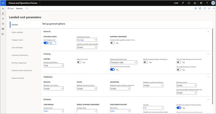Landed cost parameters page Landed cost parameters page.