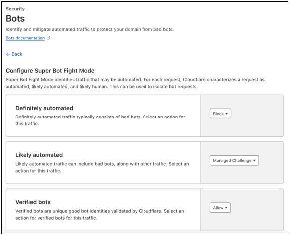 Screenshot of bot protection options.