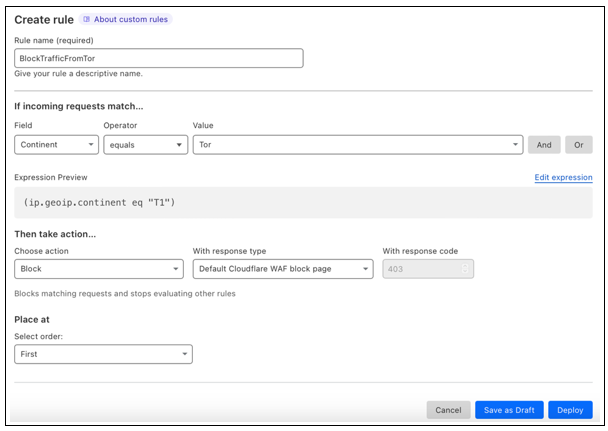 Screenshot of the create rule dialog.