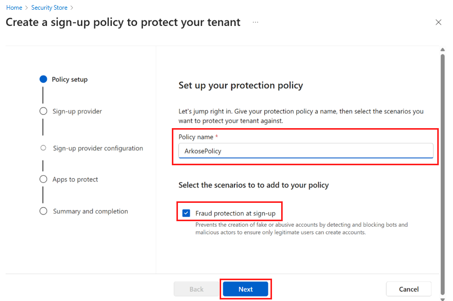 Screenshot showing setting up a protection policy.