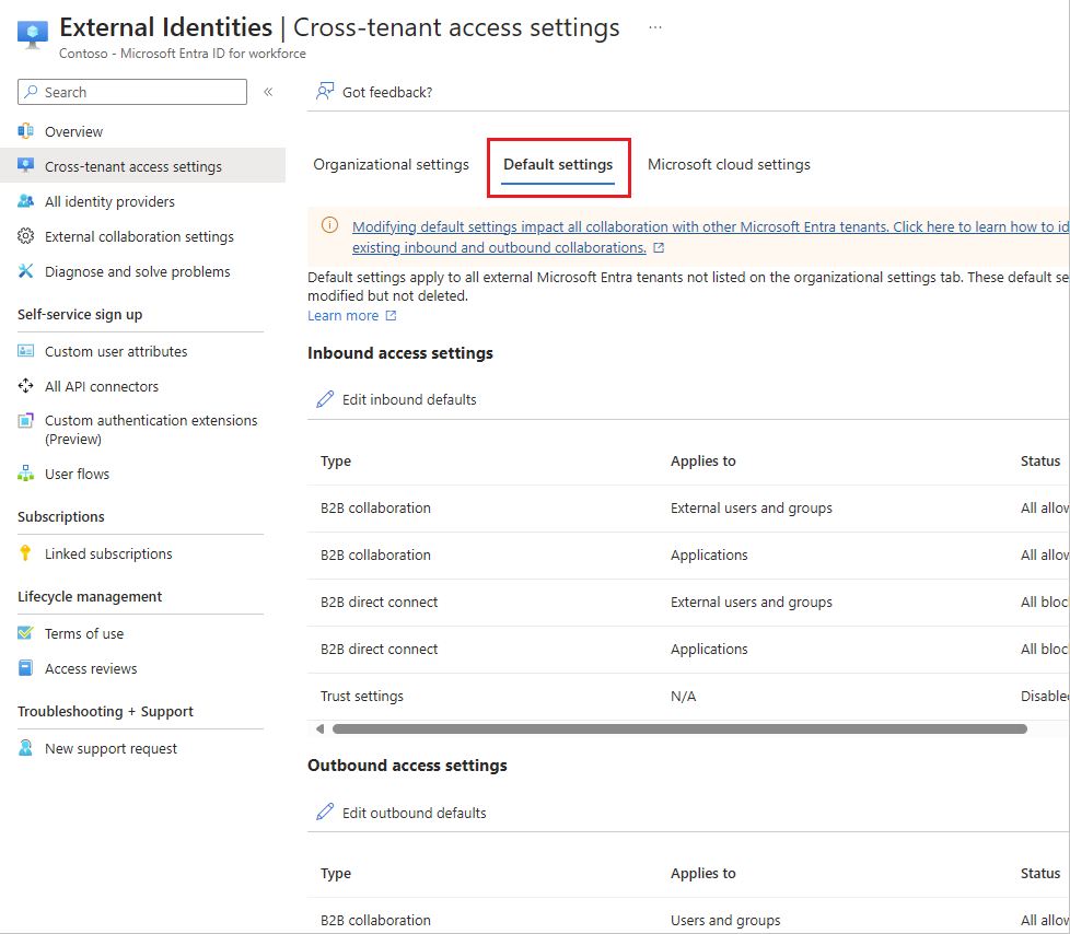 Screenshot showing the Cross-tenant access settings Default settings tab