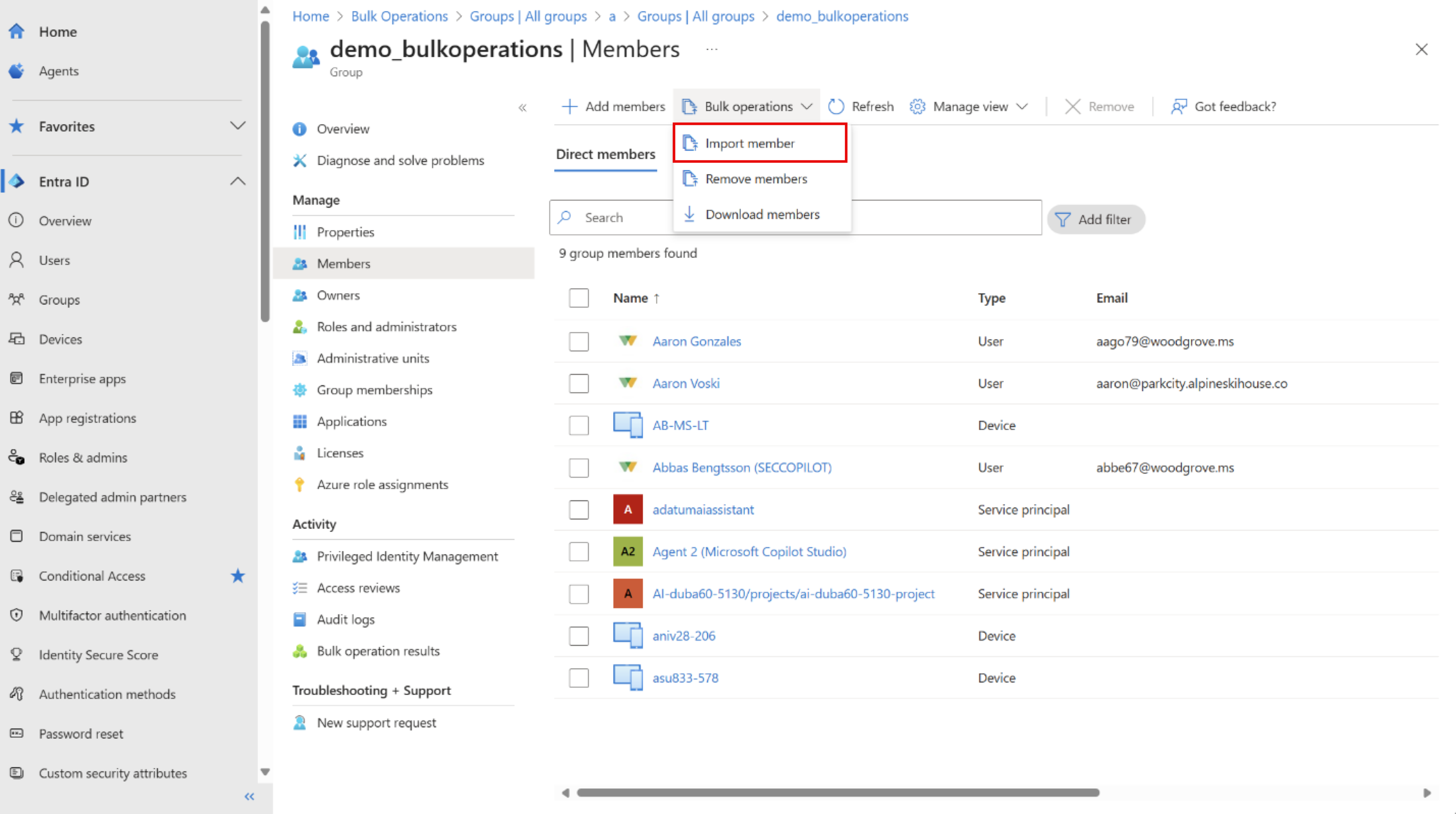 Screenshot of the Bulk operations menu on the Members tab with Import members selected.