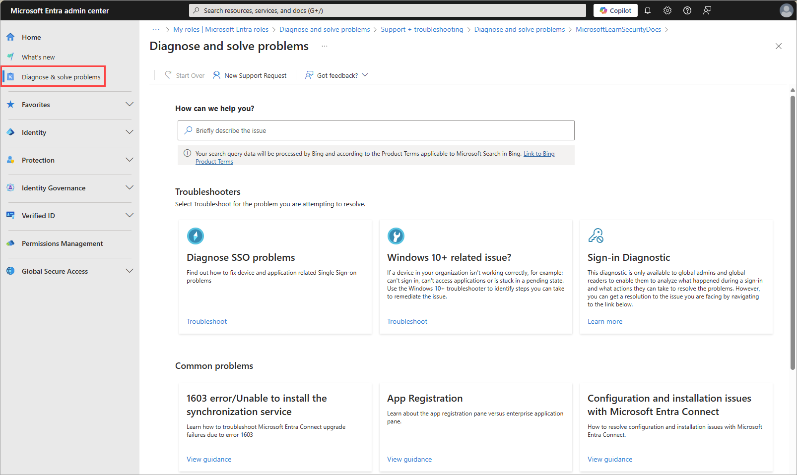 Screenshot of the Diagnose and solve problems page.