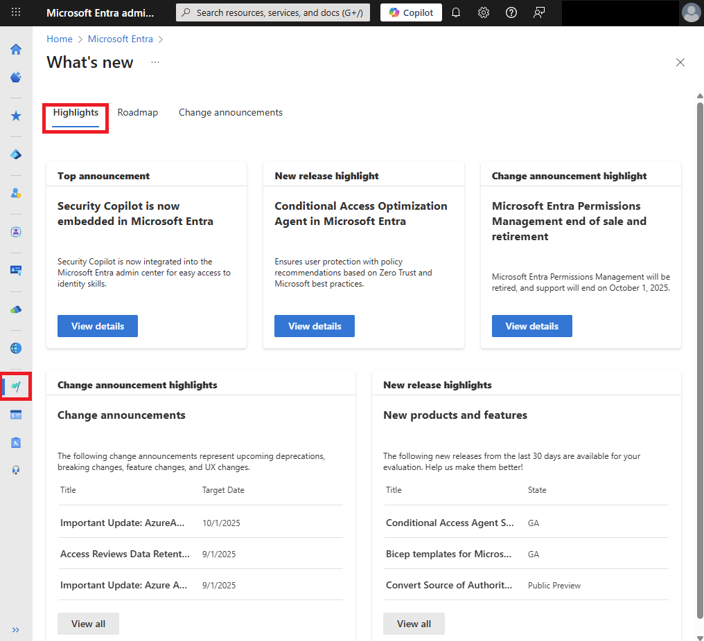 Screenshot of the Microsoft Entra What's new Highlights experience in the Microsoft Entra admin center.
