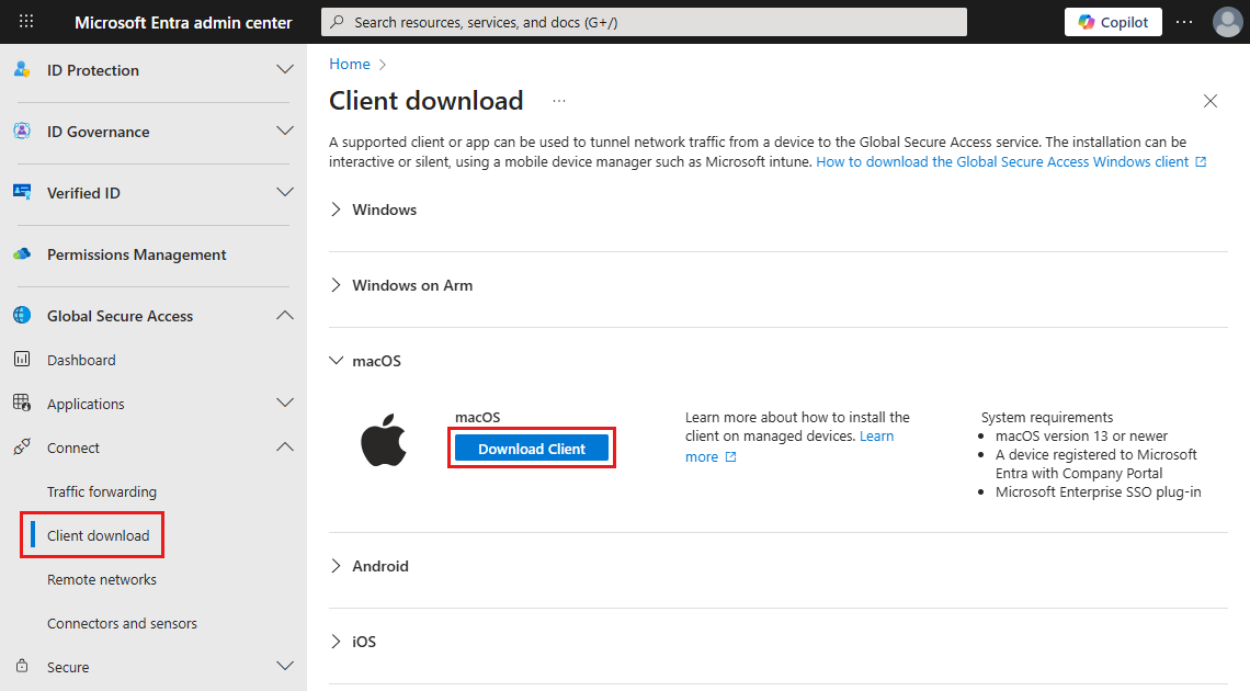 Screenshot of the Client download screen. The Download Client button is highlighted.