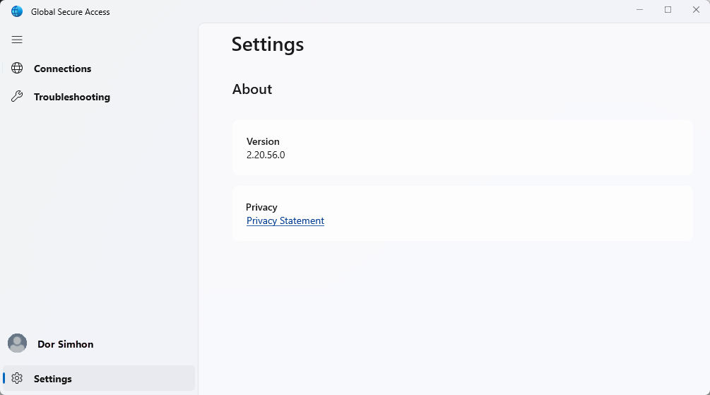 Screenshot of the Settings view of the Global Secure Access client interface.