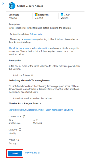 Screenshot of the solution description with the Install button highlighted.