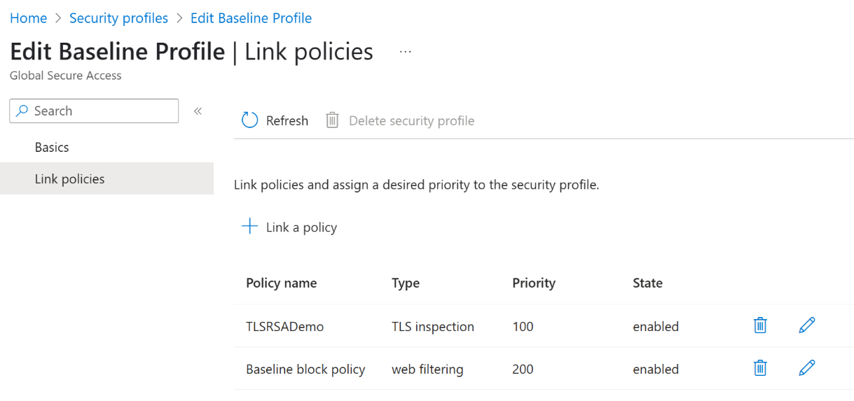 Screenshot of the Edit Baseline profile screen showing a list of policy names and their priorities.