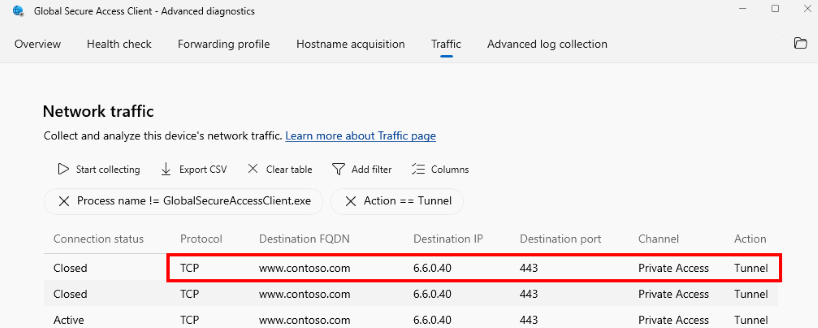 Screenshot of Global Secure Access - Advanced diagnostics - Network traffic.
