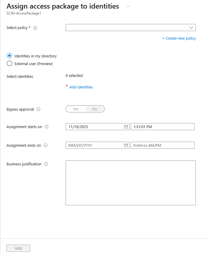 Screenshot of adding identities to an access package.