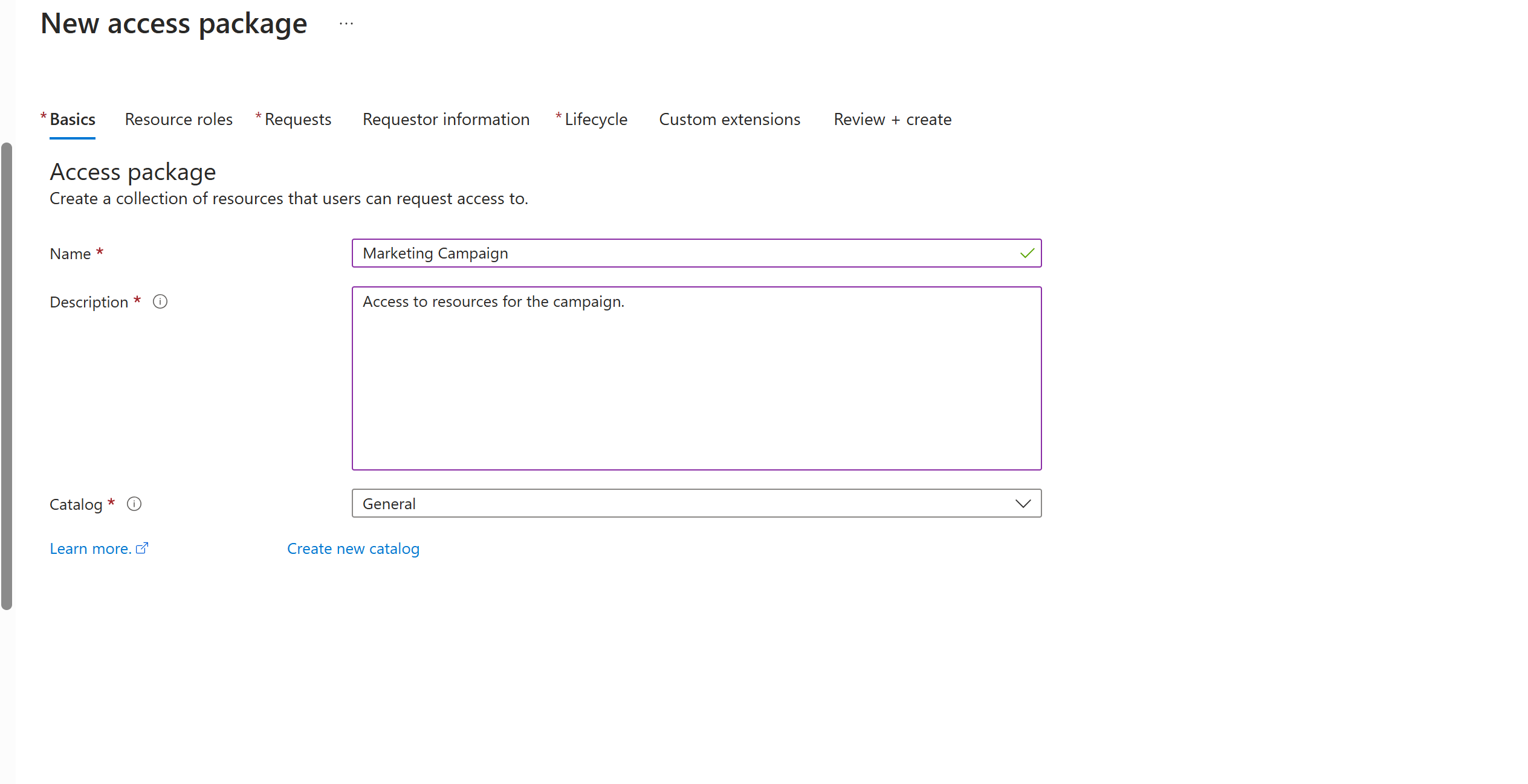 Screenshot that shows basic information for a new access package.