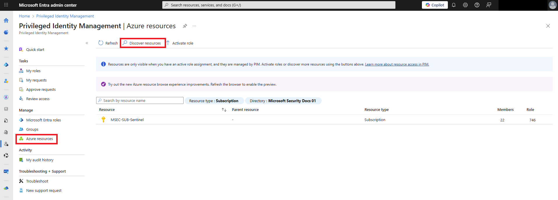 Screenshot of the Discover resources pane listing resources that are currently being managed.
