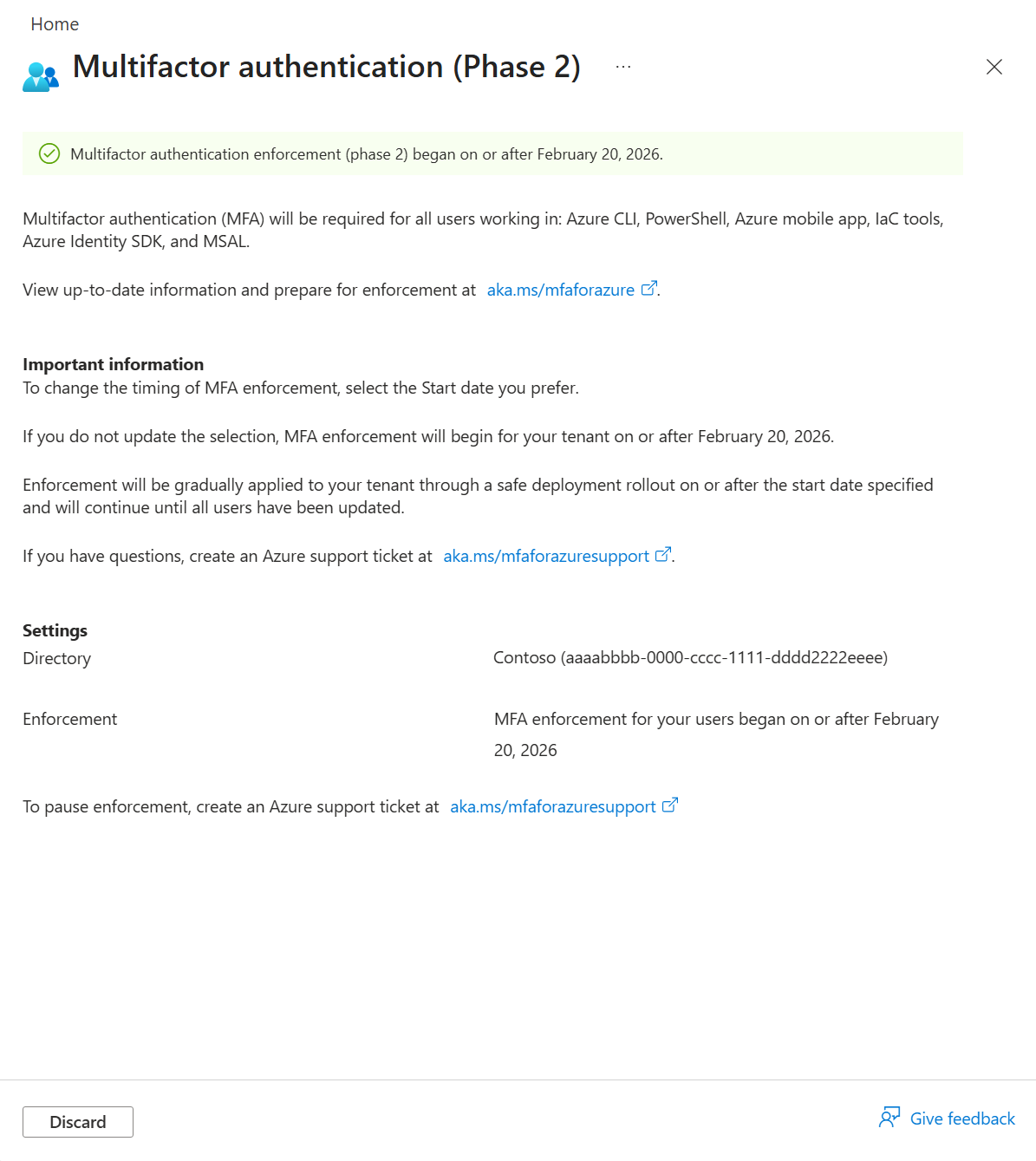 Screenshot of the Multifactor authentication Phase 2 page in the Azure portal, showing that MFA enforcement began on or after February 20, 2026.
