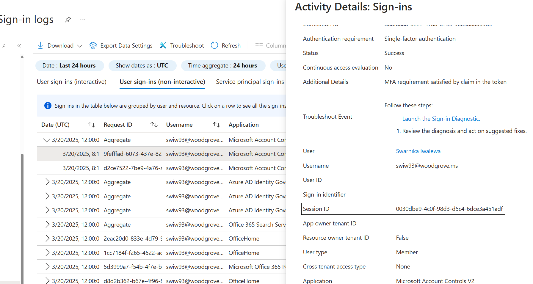 Screenshot of non-interactive sign-ins filtered by session ID.