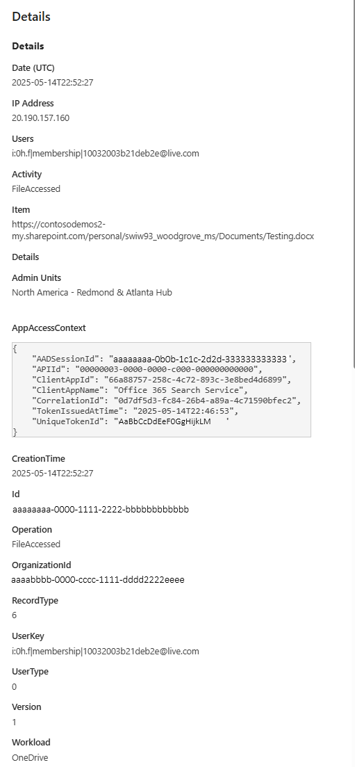 Screenshot of Microsoft Purview portal showing log item with linkable identifiers for SharePoint Online.