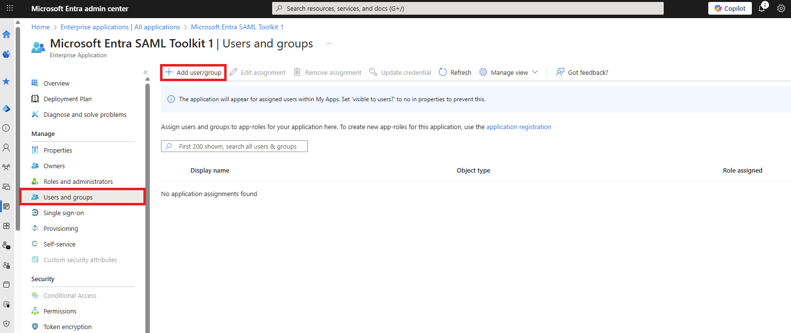 Assign user account to an application in your Microsoft Entra tenant.