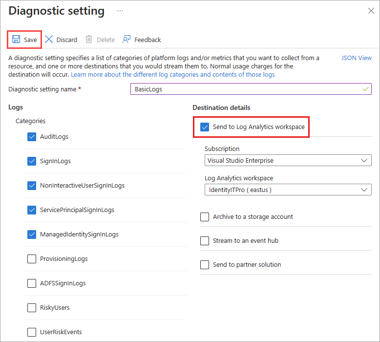 Screenshot of the select diagnostics settings options.