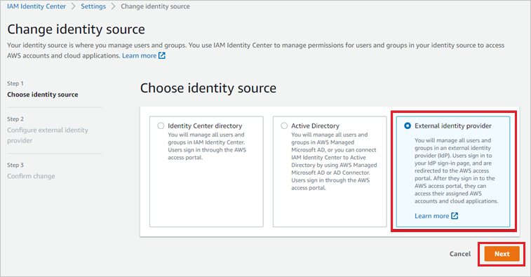 Identity Provider Screenshot for selecting external identity provider section.