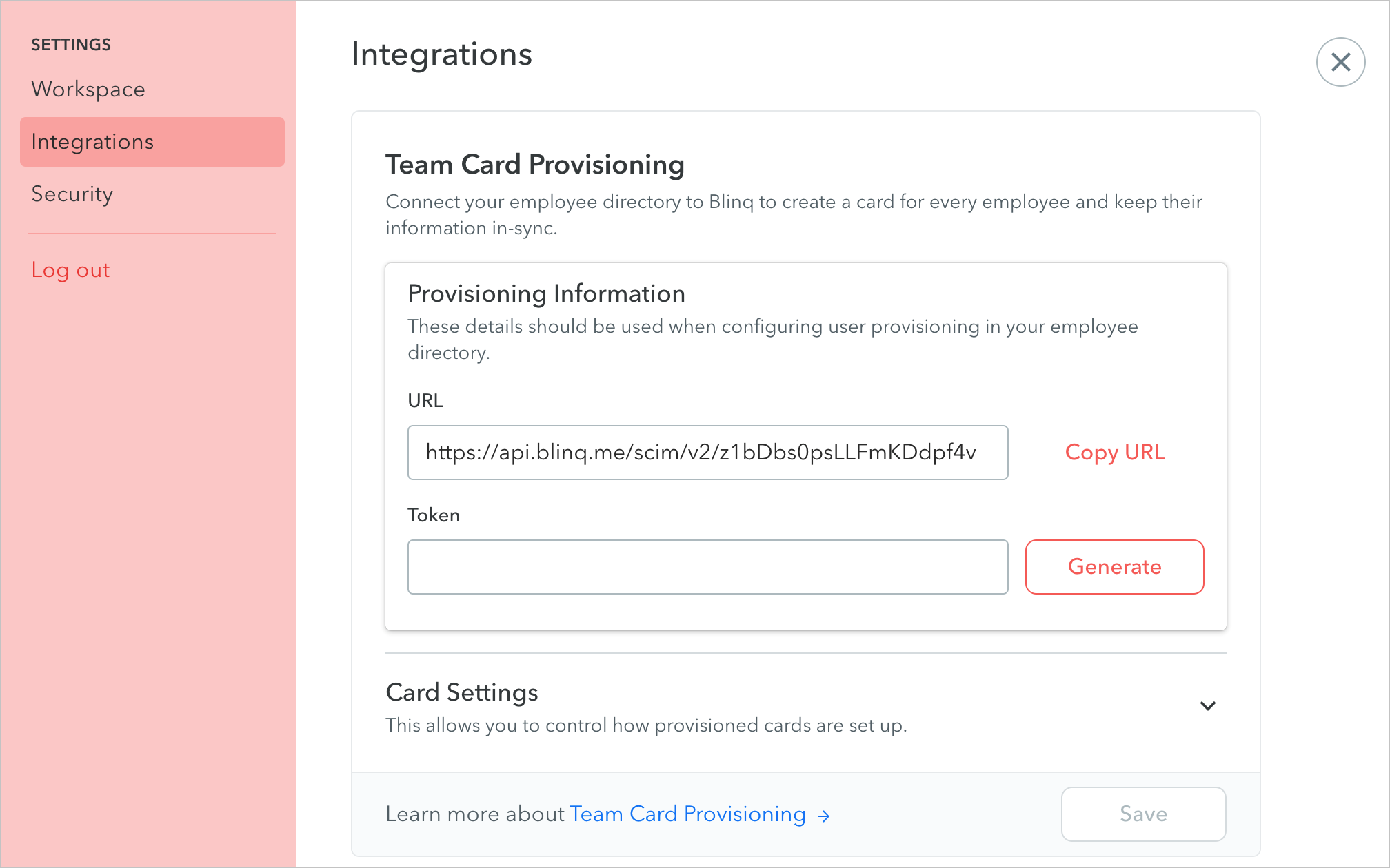 Screenshot of the Blinq integration page.