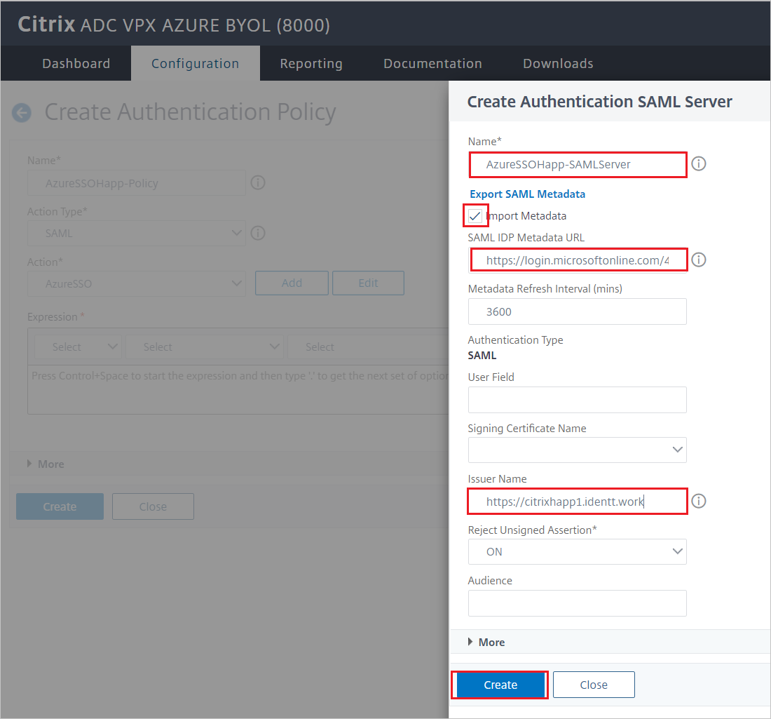 Authentication Screenshot of Citrix ADC SAML Connector for Microsoft Entra configuration - Create Authentication SAML Server pane.